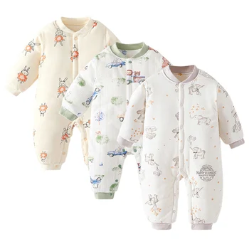 Хлопковый зимний комбинезон для новорожденных, утепленные детские комбинезоны с хлопковой подкладкой, одежда для девочек и мальчиков, одежда для малышей с мультяшным медведем, детская одежда