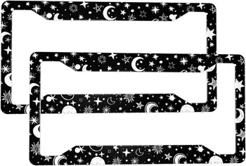 Черно Белые крышки для рамки номерного знака с Луной и звездой Комплект из 2 предметов Новинка Автомобильный держатель для бирки Качественный алюминий Металл Модный