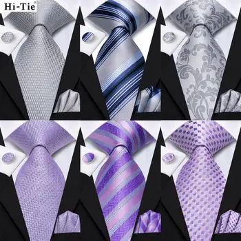 Шелковый элегантный галстук Hi-Tie фиолетового цвета в серебряную полоску для мужчин, свадебный мужской галстук, квадратный аксессуар для запонок, оптовая продажа