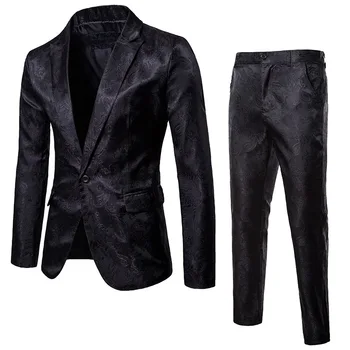 Элегантный жаккардовый мужской костюм Черный Бордовый Мужской пиджак для свадебного банкета и ночного клуба, высококачественный мужской блейзер, комплект из 2 предметов, брючные костюмы