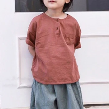 Японская повседневная футболка для мальчиков и девочек, Летняя новинка 2022 года, детский хлопковый круглый вырез с карманом, свободный однотонный топ, детские футболки WT761