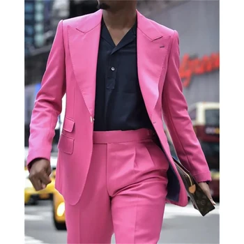 Ярко-розовый свадебный костюм, модные приталенные мужские костюмы, одежда жениха для свадебной вечеринки, официальный блейзер для выпускного вечера (куртка + брюки)