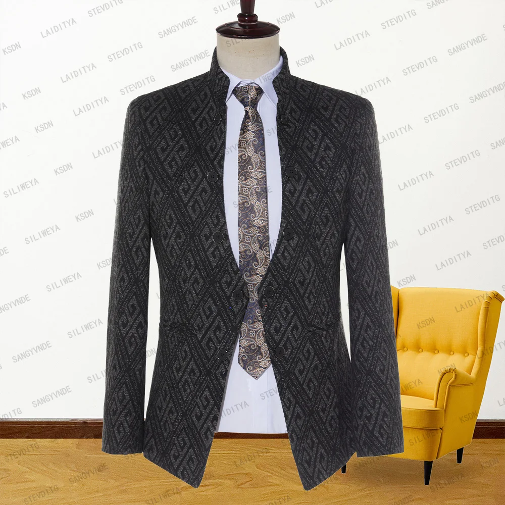 2023 Мужская куртка со стоячим воротником Делового Серого, черного цвета, блестящий Свадебный костюм классического покроя, Высококачественное Приталенное платье, Блейзеры, пальто Изображение 0