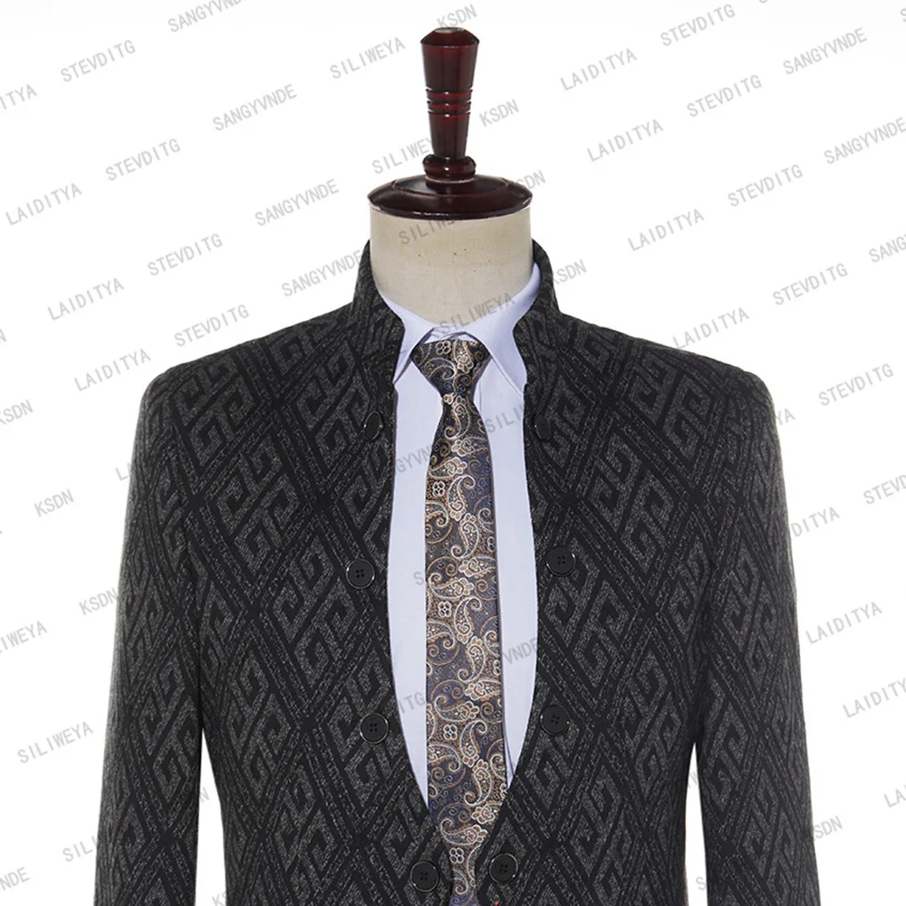 2023 Мужская куртка со стоячим воротником Делового Серого, черного цвета, блестящий Свадебный костюм классического покроя, Высококачественное Приталенное платье, Блейзеры, пальто Изображение 3