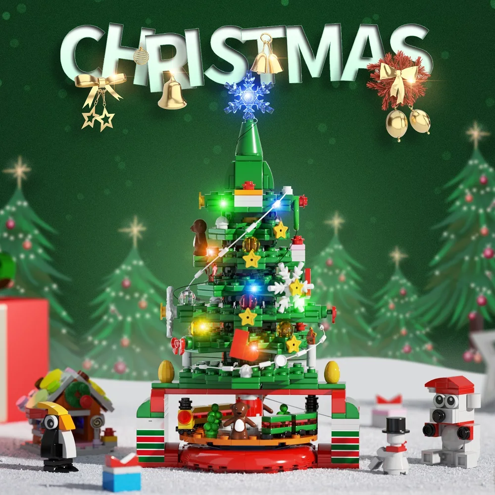 BuildMoc 2023 Зима Новый Год Рождественская Елка с гирляндами Набор строительных блоков Орнамент Санта Клауса Кирпичные Игрушки Рождественские Подарки для детей Изображение 0