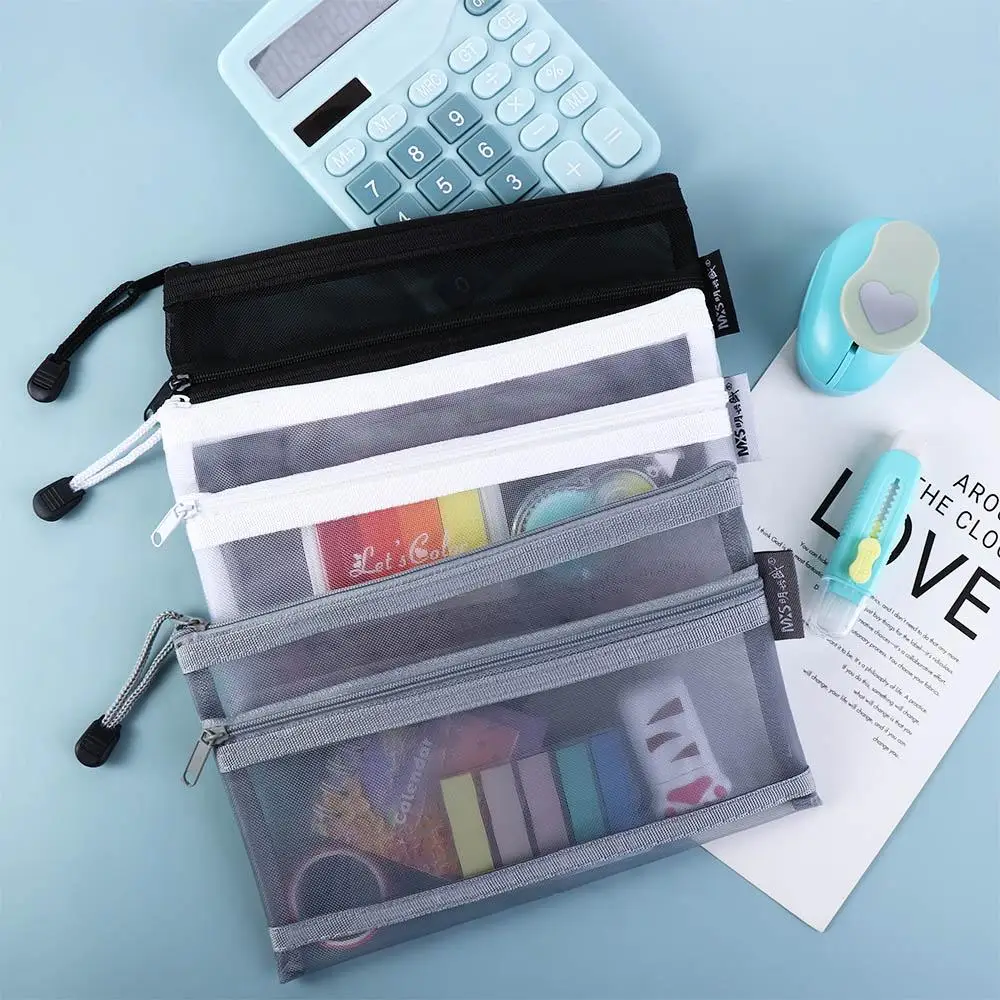 Офисный нейлоновый пенал большой емкости, двойная сетчатая сумка для карандашей, Школьные канцелярские принадлежности, папка для файлов, Косметическая сумка для хранения Изображение 1
