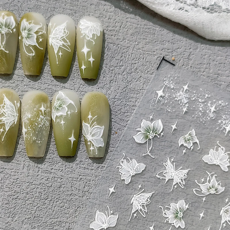 Зеленая Белая Бабочка, Цветочные звезды, 5D Мягкие рельефные рельефы, Самоклеящиеся наклейки для ногтей, Красивые 3D наклейки для маникюра Оптом Изображение 0