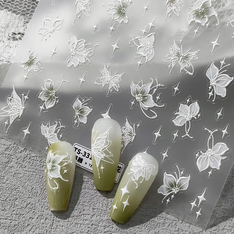 Зеленая Белая Бабочка, Цветочные звезды, 5D Мягкие рельефные рельефы, Самоклеящиеся наклейки для ногтей, Красивые 3D наклейки для маникюра Оптом Изображение 2