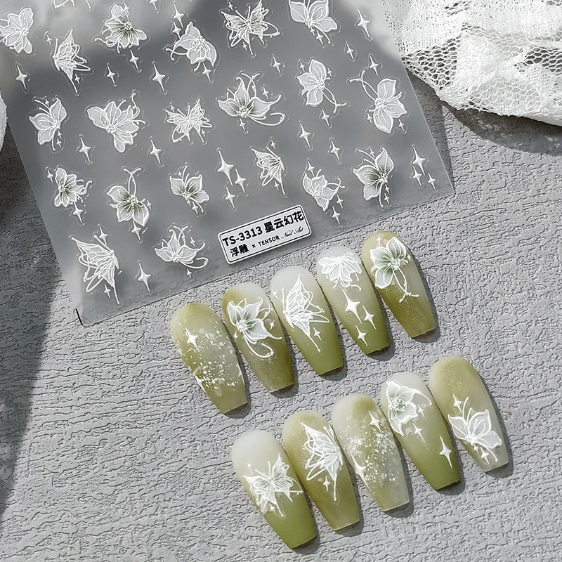 Зеленая Белая Бабочка, Цветочные звезды, 5D Мягкие рельефные рельефы, Самоклеящиеся наклейки для ногтей, Красивые 3D наклейки для маникюра Оптом Изображение 3