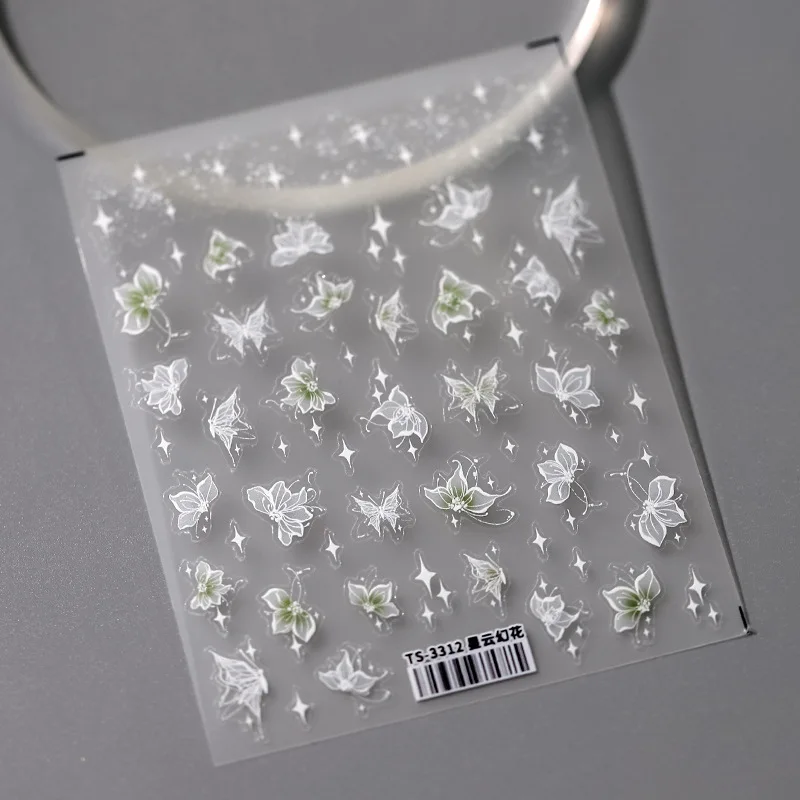 Зеленая Белая Бабочка, Цветочные звезды, 5D Мягкие рельефные рельефы, Самоклеящиеся наклейки для ногтей, Красивые 3D наклейки для маникюра Оптом Изображение 4
