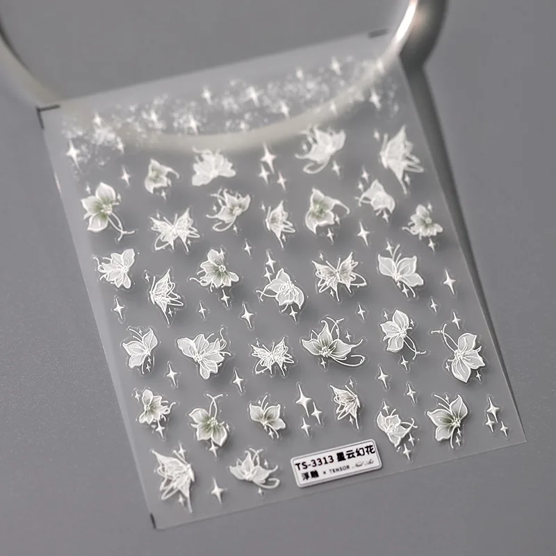 Зеленая Белая Бабочка, Цветочные звезды, 5D Мягкие рельефные рельефы, Самоклеящиеся наклейки для ногтей, Красивые 3D наклейки для маникюра Оптом Изображение 5