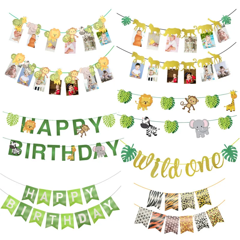 1 комплект баннеров с изображением животных джунглей на 1 год рождения для детей, Бантинг для вечеринки по случаю 1-го дня рождения, Дикие Гирлянды, праздничные принадлежности для душа в заливе Изображение 0