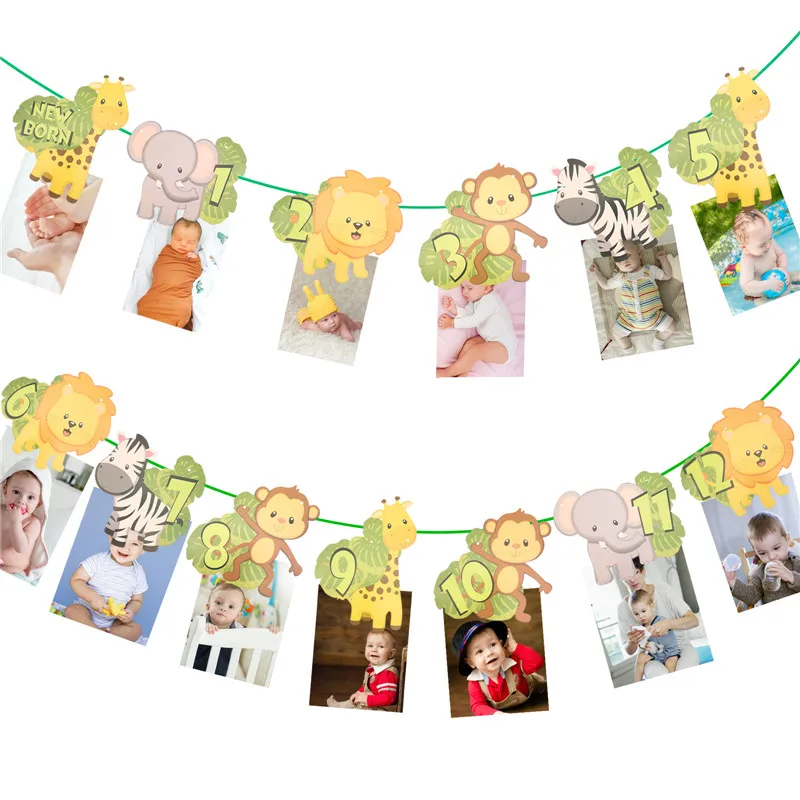 1 комплект баннеров с изображением животных джунглей на 1 год рождения для детей, Бантинг для вечеринки по случаю 1-го дня рождения, Дикие Гирлянды, праздничные принадлежности для душа в заливе Изображение 1