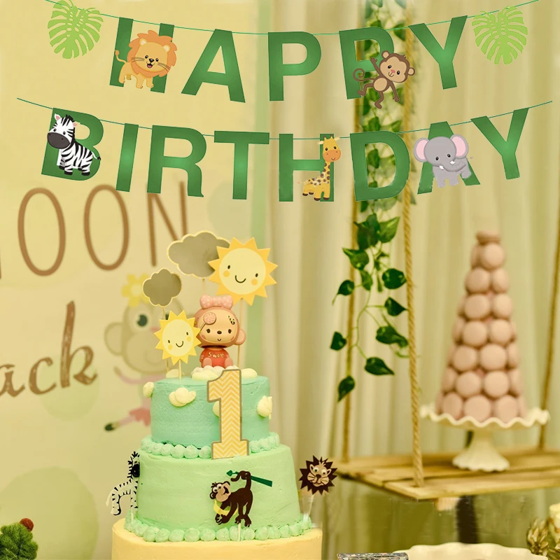 1 комплект баннеров с изображением животных джунглей на 1 год рождения для детей, Бантинг для вечеринки по случаю 1-го дня рождения, Дикие Гирлянды, праздничные принадлежности для душа в заливе Изображение 3