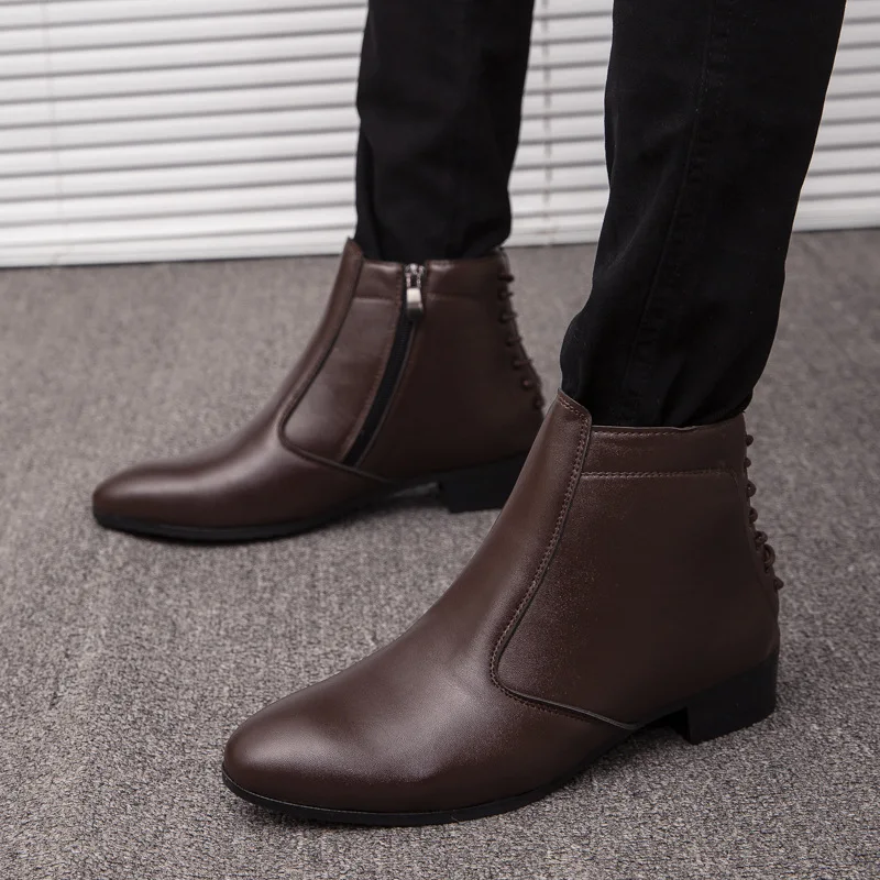2023 Классические мужские кожаные ботинки с острым носком, коричневые мужские модельные ботинки на низком каблуке, официальная обувь с высоким берцем, мужские ботильоны большого размера 47 Изображение 1