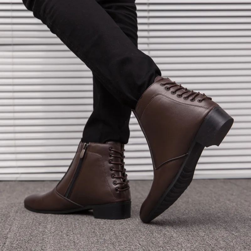 2023 Классические мужские кожаные ботинки с острым носком, коричневые мужские модельные ботинки на низком каблуке, официальная обувь с высоким берцем, мужские ботильоны большого размера 47 Изображение 2