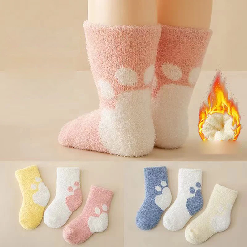 Зимние теплые детские носки с толстыми петлями, детские носки из коралловой пряжи с перьями, однотонные детские шерстяные теплые детские носки Изображение 0
