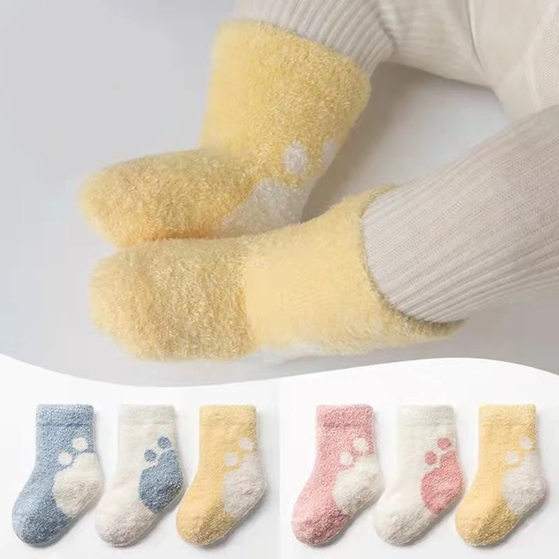 Зимние теплые детские носки с толстыми петлями, детские носки из коралловой пряжи с перьями, однотонные детские шерстяные теплые детские носки Изображение 1