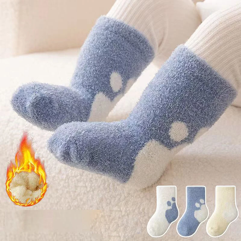 Зимние теплые детские носки с толстыми петлями, детские носки из коралловой пряжи с перьями, однотонные детские шерстяные теплые детские носки Изображение 2