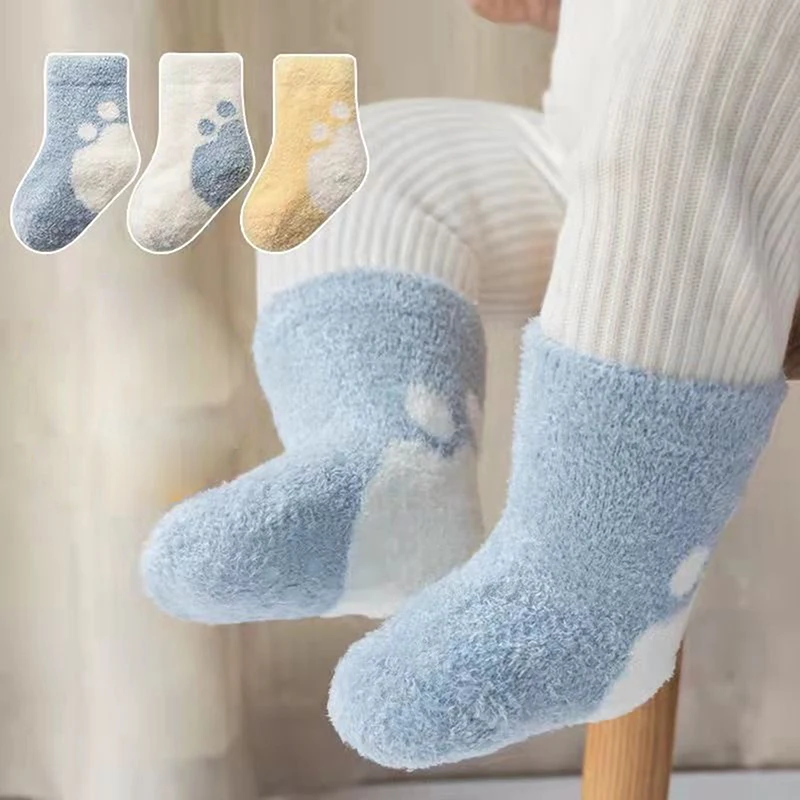 Зимние теплые детские носки с толстыми петлями, детские носки из коралловой пряжи с перьями, однотонные детские шерстяные теплые детские носки Изображение 3