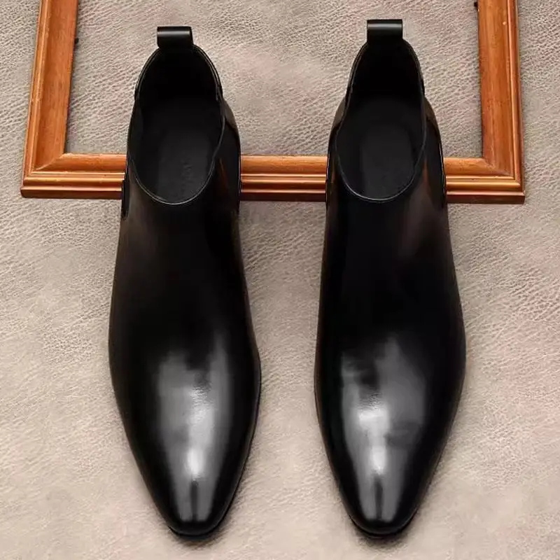 Высококачественные Мужские ботинки Из Натуральной Кожи, Черные слипоны С острым носком типа 