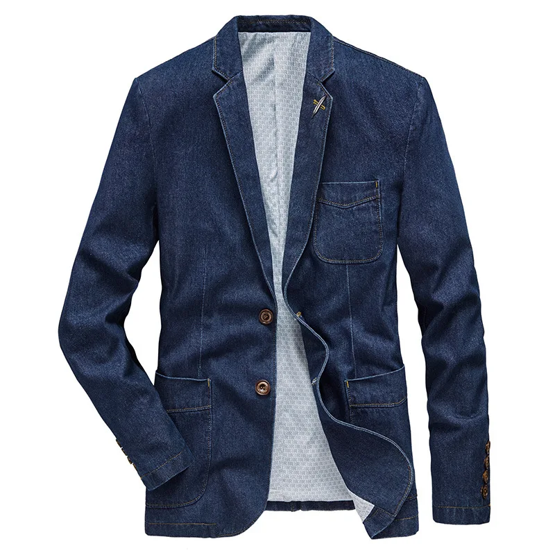 Джинсовый блейзер, Мужская куртка из хлопка, осенне-весенняя модная мужская одежда, приталенные деловые джинсовые пальто, Мужской повседневный винтажный костюм, верхняя одежда Изображение 0