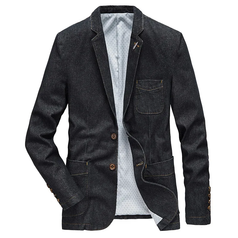 Джинсовый блейзер, Мужская куртка из хлопка, осенне-весенняя модная мужская одежда, приталенные деловые джинсовые пальто, Мужской повседневный винтажный костюм, верхняя одежда Изображение 1