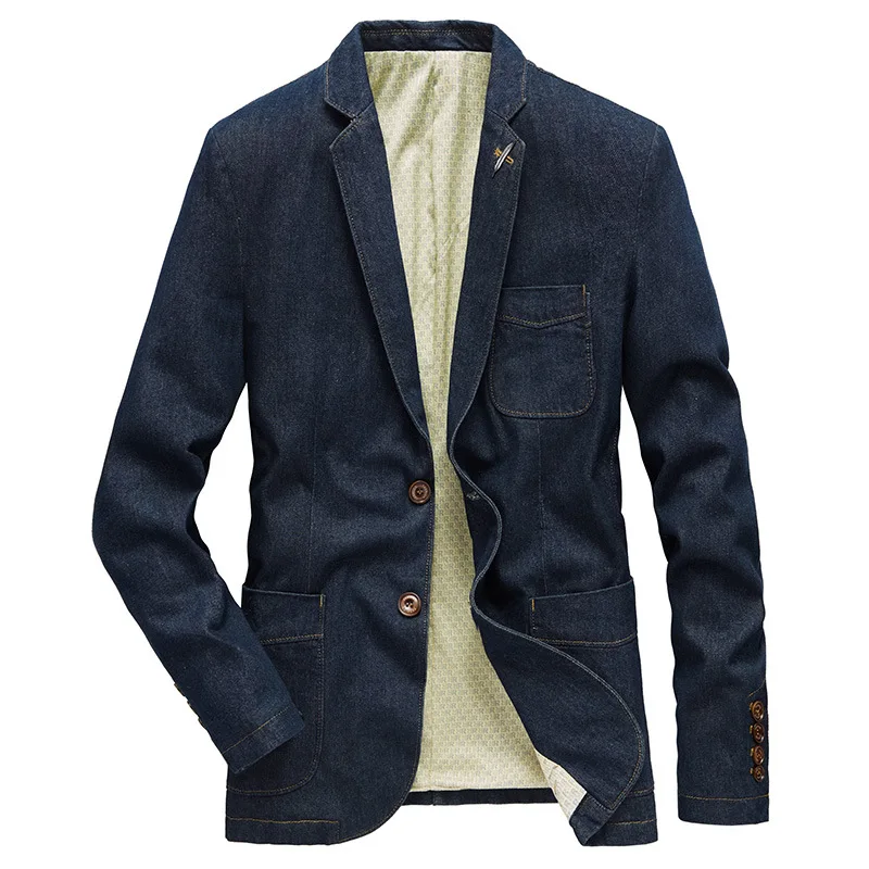 Джинсовый блейзер, Мужская куртка из хлопка, осенне-весенняя модная мужская одежда, приталенные деловые джинсовые пальто, Мужской повседневный винтажный костюм, верхняя одежда Изображение 2