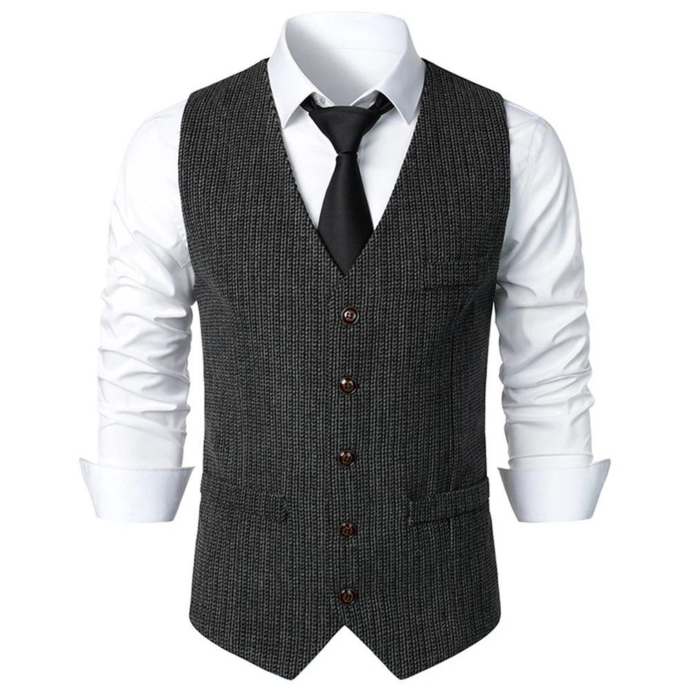Винтажный мужской Формальный деловой Твидовый костюм, жилет для мужчин, Винтажные однобортные топы с V-образным вырезом в елочку, жилет, жилеты, одежда Изображение 0